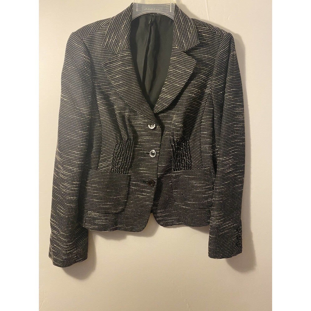 ATELIER Suit Jacket Size 10 Black White Buttons Pockets Career Blazer